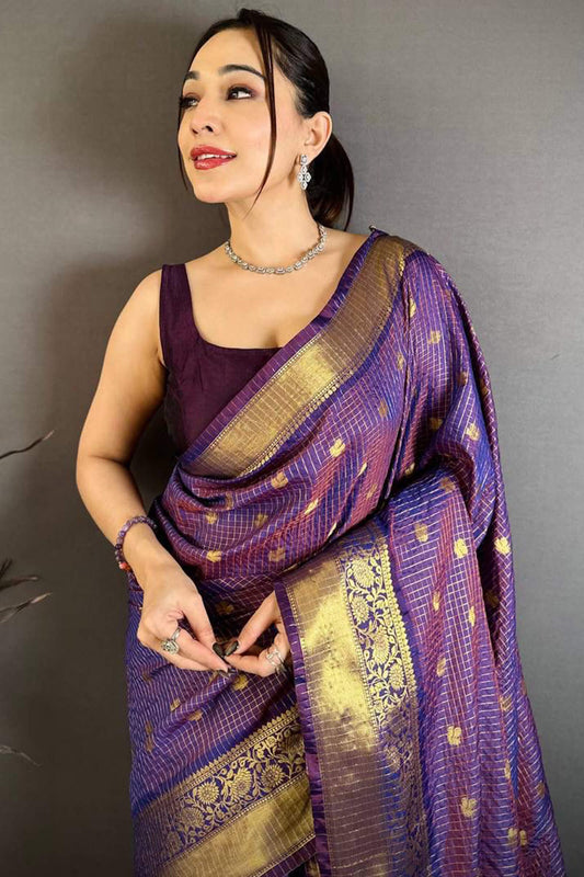 Dazzling Purple Banarasi Tissue Silk Saree With Amazing Blouse Piece