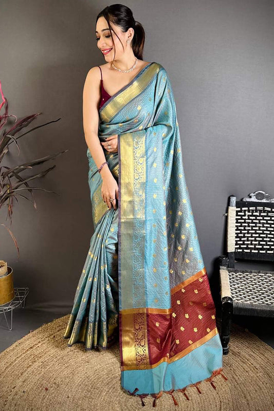 Stunning Sky Banarasi Tissue Silk Saree With Glowing Blouse Piece