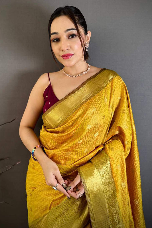 Blissful Yellow Banarasi Tissue Silk Saree With Flaunt Blouse Piece