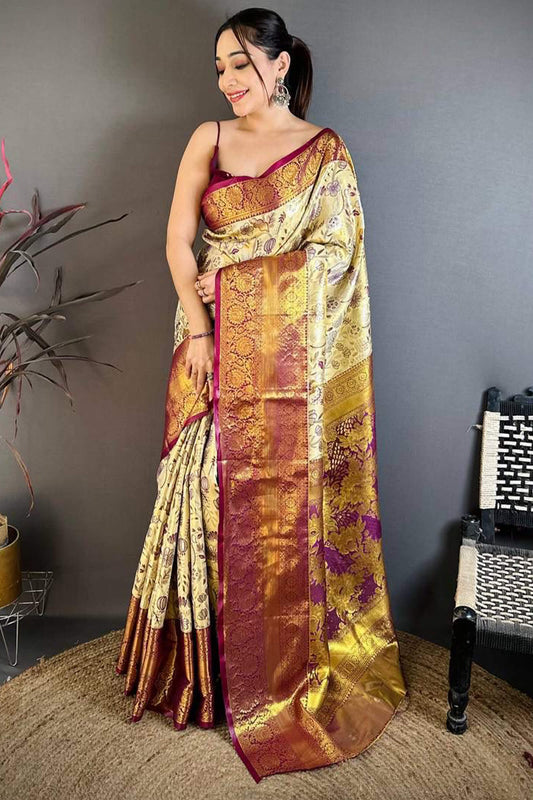Capricious Beige Kanjivaram Silk Saree With Innovative Blouse Piece