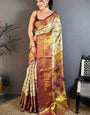 Capricious Beige Kanjivaram Silk Saree With Innovative Blouse Piece