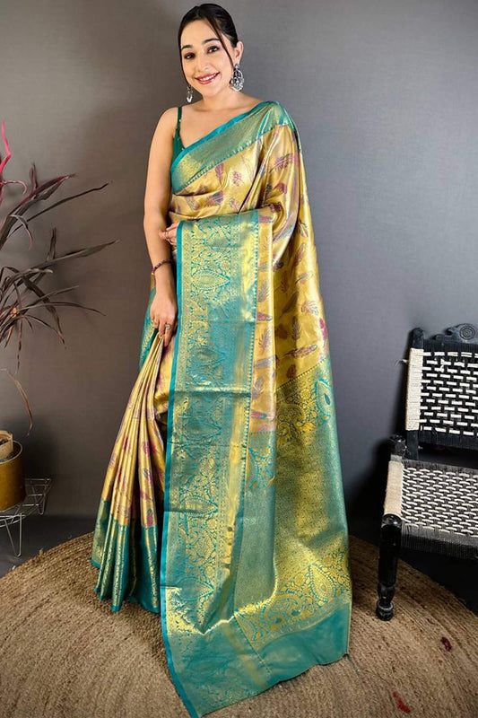 Extraordinary Golden Kanjivaram Silk Saree With Sumptuous Blouse Piece