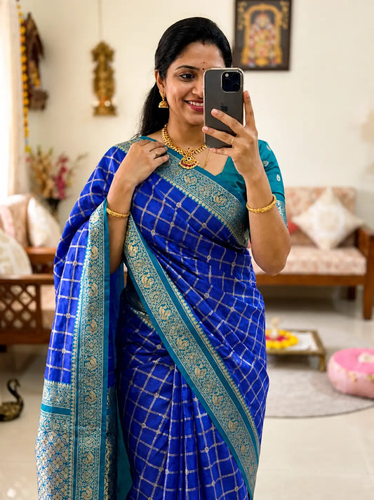 Luxuriant Royal Blue Pure Zari Weaving Banarasi Silk Saree With Scintillating Blouse Piece