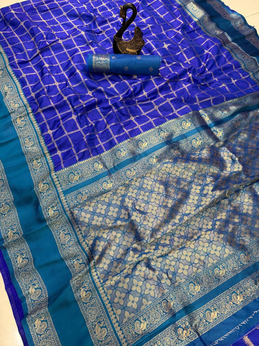 Luxuriant Royal Blue Pure Zari Weaving Banarasi Silk Saree With Scintillating Blouse Piece