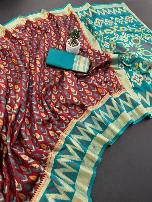 Epiphany Brown Banarasi Ikkat Silk Saree With Eclat Blouse Piece