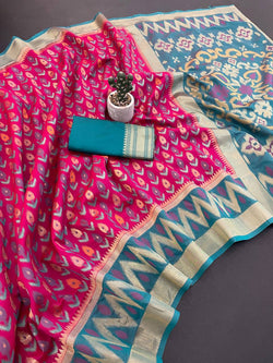 Vestigial Dark Pink Banarasi Ikkat Silk Saree With Invaluable Blouse Piece
