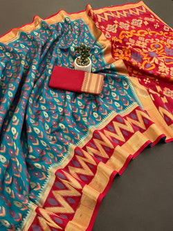 Unique Firozi Banarasi Ikkat Silk Saree With Surreptitious Blouse Piece