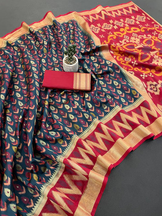 Ideal Grey Banarasi Ikkat Silk Saree With Mesmeric Blouse Piece