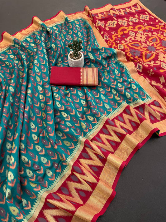 Intricate Rama Banarasi Ikkat Silk Saree With Chatoyant Blouse Piece