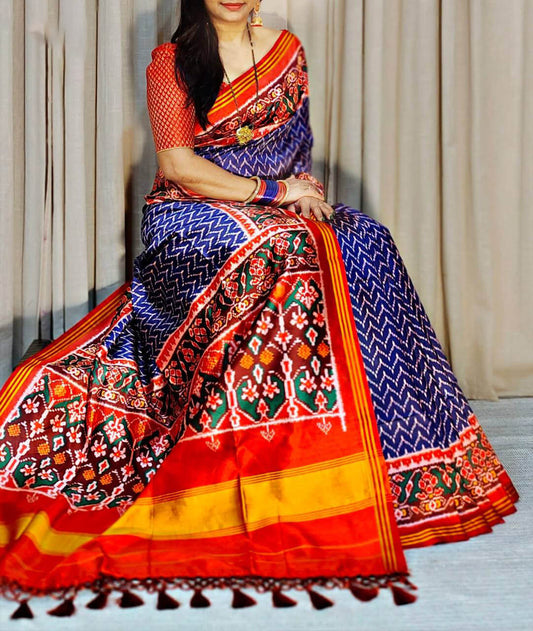 Blooming Navy Blue Patola Lagdi Patta Saree With Ethnic Blouse Piece