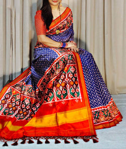Blooming Navy Blue Patola Lagdi Patta Saree With Ethnic Blouse Piece
