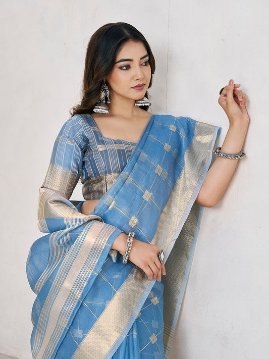 Transcendent Blue Zari Weaving Linen Silk Saree With Energetic Blouse Piece