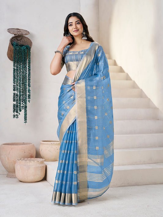 Transcendent Blue Zari Weaving Linen Silk Saree With Energetic Blouse Piece