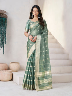 Incredible Green Zari Weaving Linen Silk Saree With Exceptional Blouse Piece