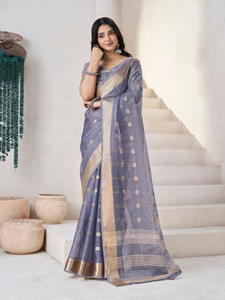 Elegant Grey Zari Weaving Linen Silk Saree With Effulgent Blouse Piece