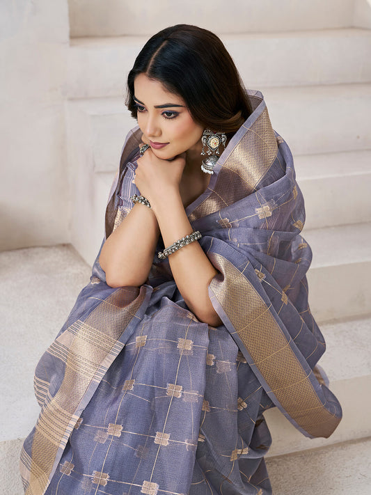 Elegant Grey Zari Weaving Linen Silk Saree With Effulgent Blouse Piece