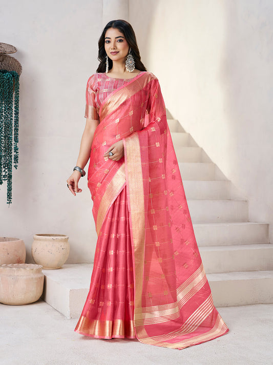 Moiety Pink Zari Weaving Linen Silk Saree With Grandiose Blouse Piece