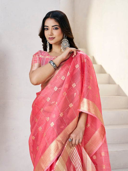 Moiety Pink Zari Weaving Linen Silk Saree With Grandiose Blouse Piece