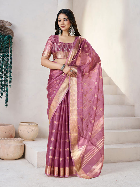Staring Wine Zari Weaving Linen Silk Saree With Ethereal Blouse Piece