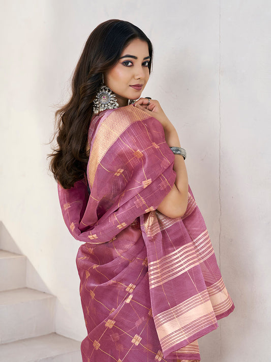 Staring Wine Zari Weaving Linen Silk Saree With Ethereal Blouse Piece