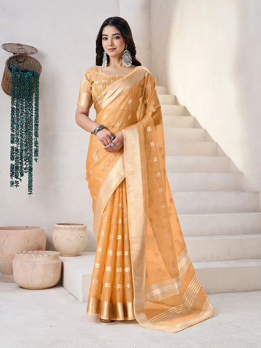 Flameboyant Yellow Zari Weaving Linen Silk Saree With Pleasurable Blouse Piece