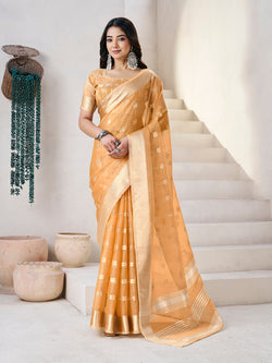 Flameboyant Yellow Zari Weaving Linen Silk Saree With Pleasurable Blouse Piece