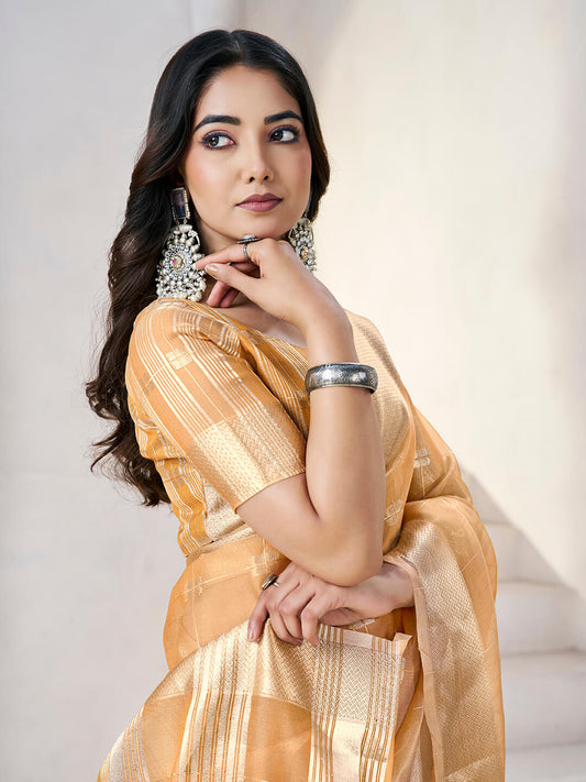 Flameboyant Yellow Zari Weaving Linen Silk Saree With Pleasurable Blouse Piece