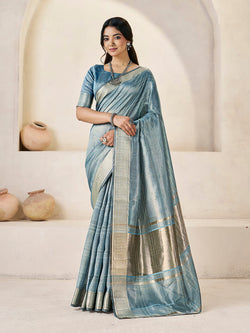 Wonderful Blue Zari Weaving Linen Silk Saree With Scrumptious Blouse Piece
