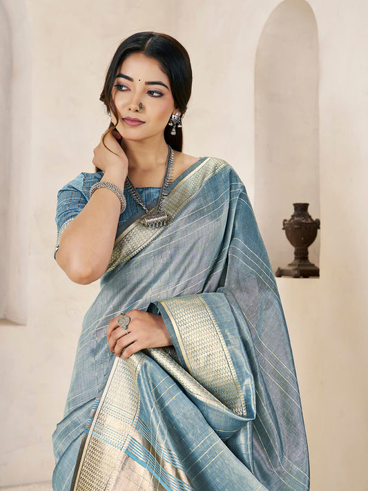 Wonderful Blue Zari Weaving Linen Silk Saree With Scrumptious Blouse Piece