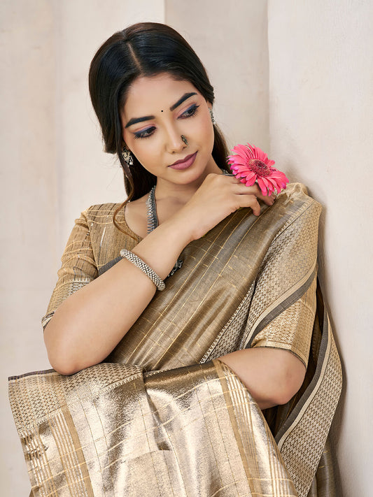 Tantalizing Brown Zari Weaving Linen Silk Saree With Lustrous Blouse Piece