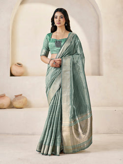 Twirling Green Zari Weaving Linen Silk Saree With Desiring Blouse Piece