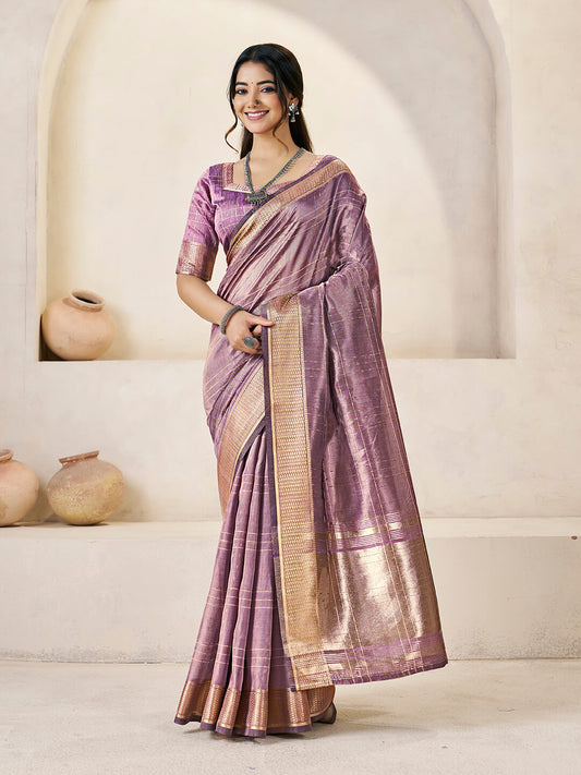 Majestic Lavender Zari Weaving Linen Silk Saree With Petrichor Blouse Piece