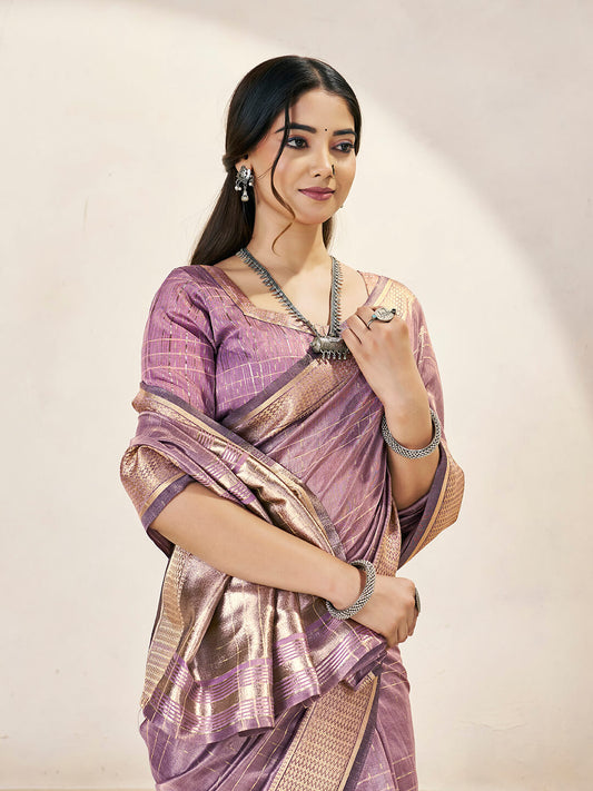 Majestic Lavender Zari Weaving Linen Silk Saree With Petrichor Blouse Piece