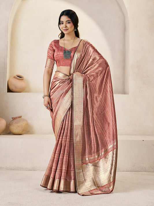 Luminous Peach Zari Weaving Linen Silk Saree With Scintillating Blouse Piece