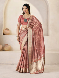 Luminous Peach Zari Weaving Linen Silk Saree With Scintillating Blouse Piece