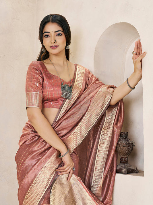 Luminous Peach Zari Weaving Linen Silk Saree With Scintillating Blouse Piece