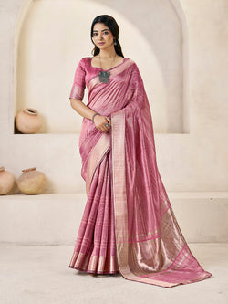 Splendorous Pink Zari Weaving Linen Silk Saree With Nebula Blouse Piece
