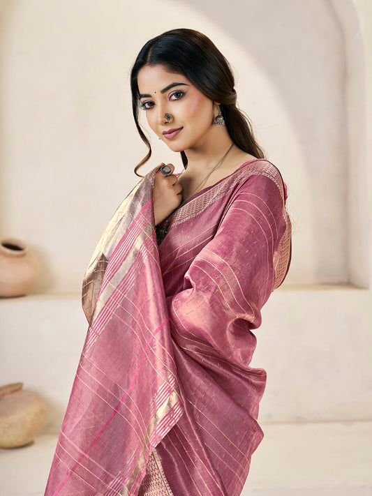 Splendorous Pink Zari Weaving Linen Silk Saree With Nebula Blouse Piece