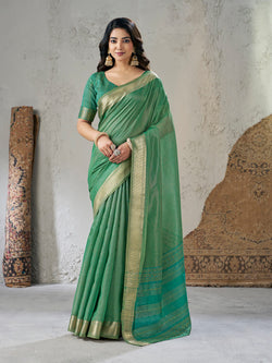 Fairytale Green Zari Weaving Linen Silk Saree With Fragrant Blouse Piece
