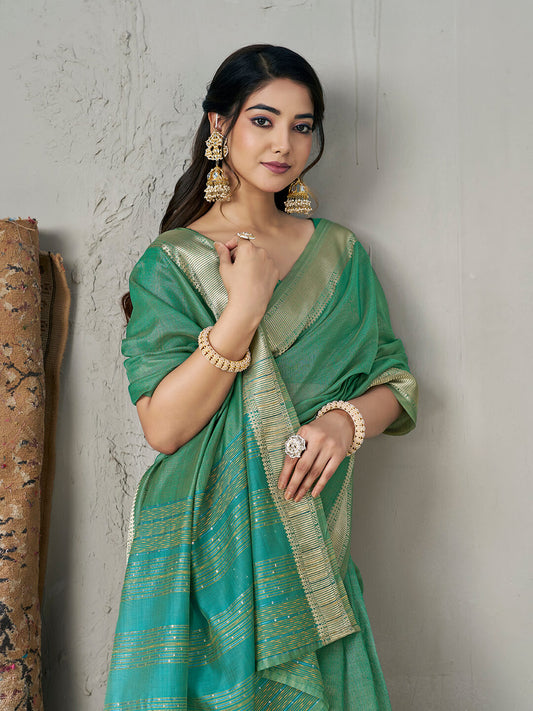 Fairytale Green Zari Weaving Linen Silk Saree With Fragrant Blouse Piece