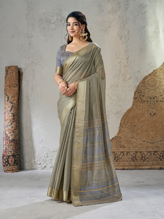 Classy Grey Zari Weaving Linen Silk Saree With Exuberant Blouse Piece