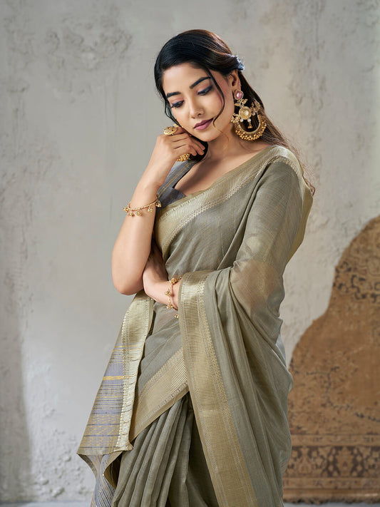 Classy Grey Zari Weaving Linen Silk Saree With Exuberant Blouse Piece