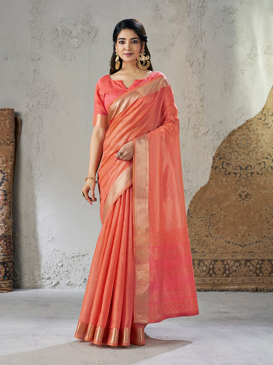 Arresting Peach Zari Weaving Linen Silk Saree With Profuse Blouse Piece