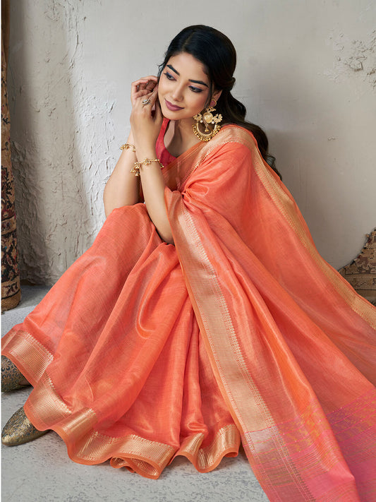 Arresting Peach Zari Weaving Linen Silk Saree With Profuse Blouse Piece