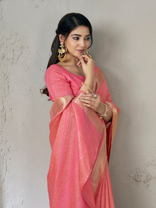 Jubilant Pink Zari Weaving Linen Silk Saree With Imaginative Blouse Piece