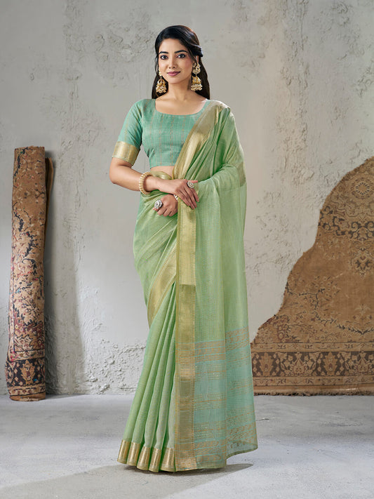Radiant Pista Zari Weaving Linen Silk Saree With Sizzling Blouse Piece