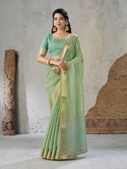 Radiant Pista Zari Weaving Linen Silk Saree With Sizzling Blouse Piece