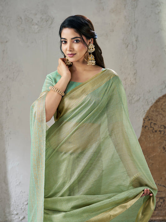 Radiant Pista Zari Weaving Linen Silk Saree With Sizzling Blouse Piece