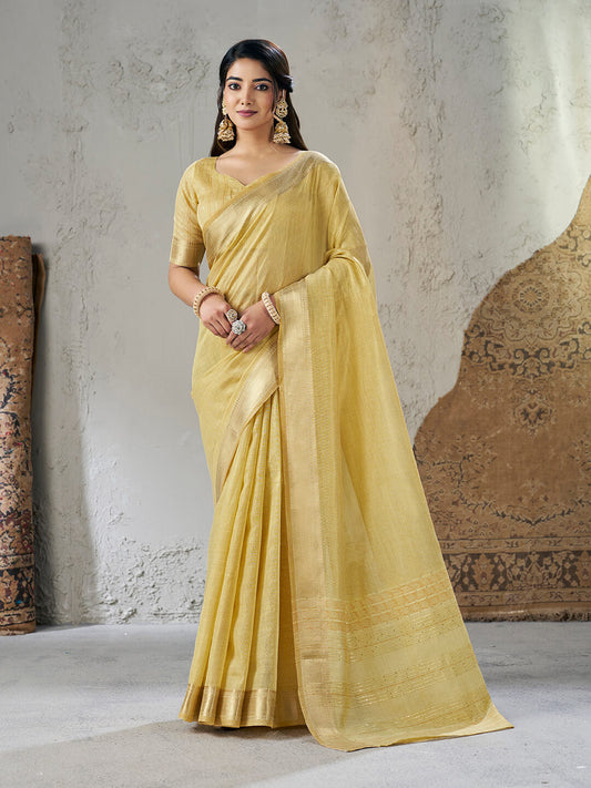 Evocative Yellow Zari Weaving Linen Silk Saree With Stylish Blouse Piece