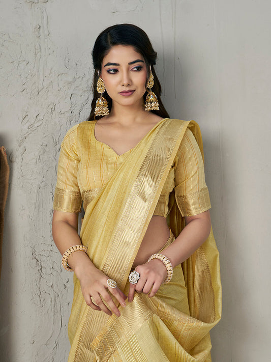 Evocative Yellow Zari Weaving Linen Silk Saree With Stylish Blouse Piece